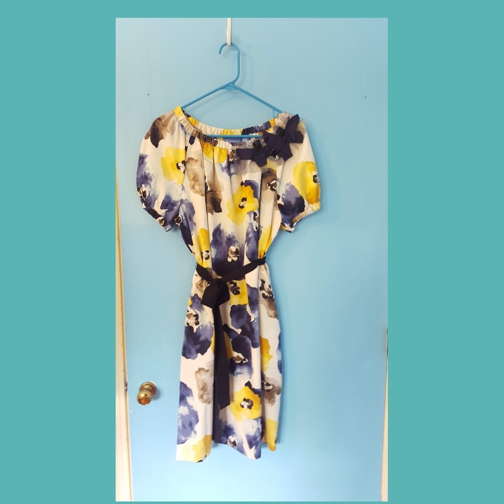 Satin-like Blue and Yellow Floral Dress.